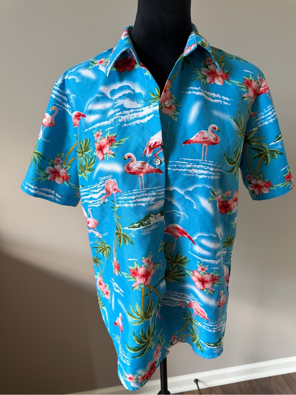 SSLR Women's Collection Blue Flamingo Print Short-Sleeve Shirt Large